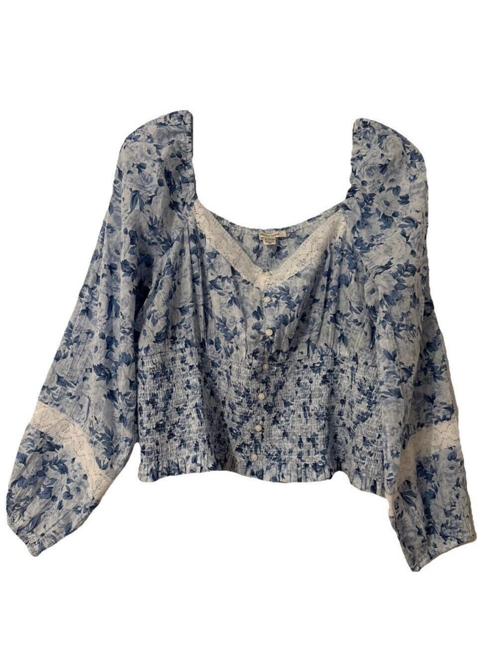 Amercian Eagle Outfitters Boho Blue White Floral Button Smocked Crop Top XL